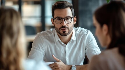 Poster - A man wearing glasses is talking to two other people