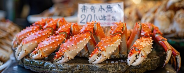 Wall Mural - Freshly cooked king crabs on display at seafood market, vibrant and detailed. Free copy space for banner.