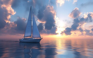 Wall Mural - A serene sunset scene featuring a sailboat gliding across calm waters, reflecting vibrant colors in the sky.