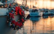 © Matthew - A festive boat adorned with a Christmas wreath and decorations, set against a serene marina at sunset.