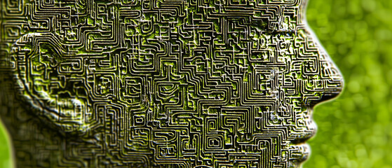 Wall Mural - close-up abstract image of a human head with intricate green circuitry patterns, representing the fu