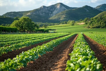 Sticker - Rows of Plants in a Field with Mountains in the Background