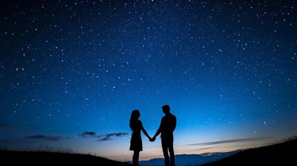 a couple holding hands under a starry sky, symbolizing a promise to stay together forever, promise u