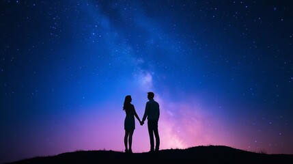 a couple holding hands under a starry sky, symbolizing a promise to stay together forever, promise u