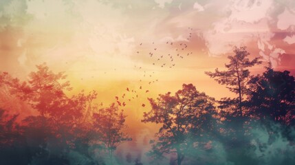 Wall Mural - A beautiful sunset with a flock of birds flying in the sky