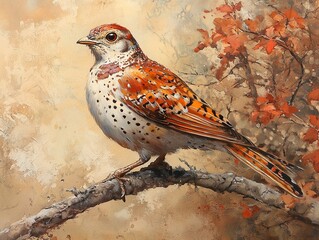 Sticker - Speckled Bird Perched on Branch in Autumnal Forest