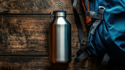 A stainless steel water bottle rests beside a blue backpack on a wooden surface, ideal for outdoor adventures.