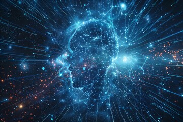 Poster - A celestial journey through the digital cosmos, revealing a human silhouette amidst a burst of luminous data streams at twilight. Generative AI