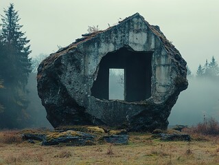 Poster - Ruined Stone House in a Foggy Forest