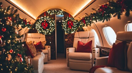 A festive private jet interior adorned with holiday decorations, creating a cozy and luxurious atmosphere.