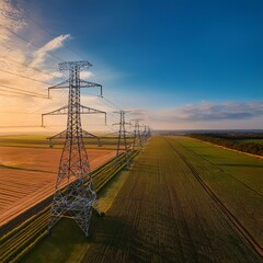 a straight row of high voltage pylons in the midst of a vast rural landscape, highlighting the long-reaching power lines disappearing into the horizon.