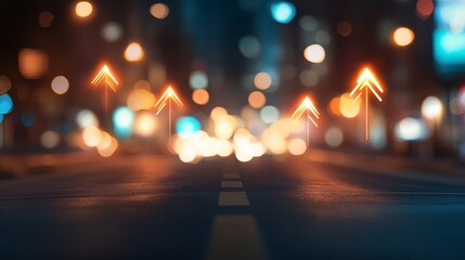 Poster - A series of glowing arrows shoot upward, representing energy and growth against a backdrop of swirling colors and blurred city lights that evoke movement and progress