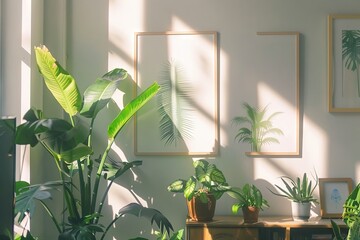 Wall Mural - A bright, sunlit room featuring a variety of houseplants and minimalist framed art on white walls, creating a serene and modern indoor garden atmosphere.