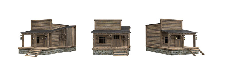 Poster - Old wild western wooden house. Set of 3 isolated 3D renders with different angles.