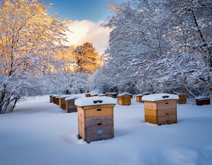 bee hives blanketed in snow during the winter season. the hives, nestled in a tranquil snowy landsca