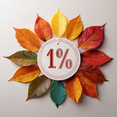 Colorful autumn leaves are arranged on a clean white background, with a decorative circular paper element displaying a 1% discount, creating an elegant seasonal composition