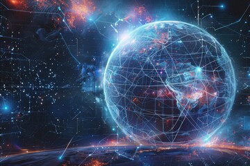 Poster - A digital representation of Earth surrounded by cosmic energy and vibrant celestial phenomena against a dark cosmic backdrop. Generative AI