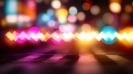 Poster - Glowing arrows in various colors point in different directions against a blurred background filled with abstract shapes and light patterns, symbolizing digital movement and business growth