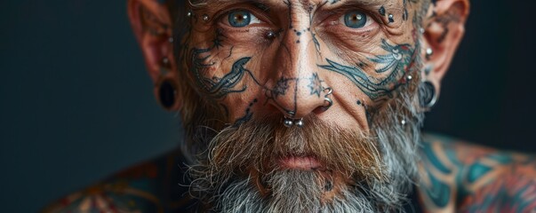 Wall Mural - Close-up portrait of elderly man with detailed facial tattoos and piercings. Free copy space for banner.