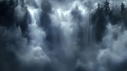 Poster - Misty Waterfall Cascades Down Mountainside, Creating Ethereal Landscape