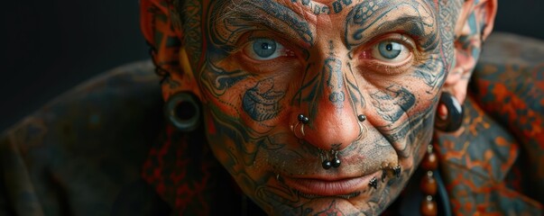 Wall Mural - Close-up portrait of elderly man with detailed facial tattoos and piercings. Free copy space for banner.