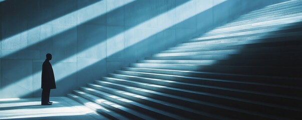 Aufkleber - Silhouette of a man standing by modern staircase with dramatic lighting