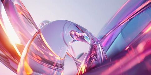 Fototapete - 3D render of an abstract futuristic background with holographic glass elements and curved lines on a white background