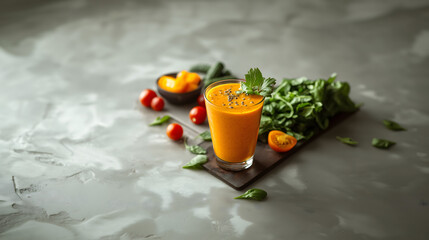 Yellow-orange vegetable and fruit smoothie in a simple glass, placed on a clean table, promoting a healthy lifestyle.

