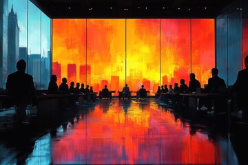 Wall Mural - Silhouettes of People in a Meeting Room with a Cityscape View