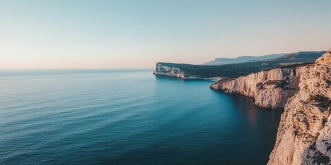 Wall Mural - a serene coastal view with cliffs meeting tranquil waters under a pastel sky, perfect for nature and