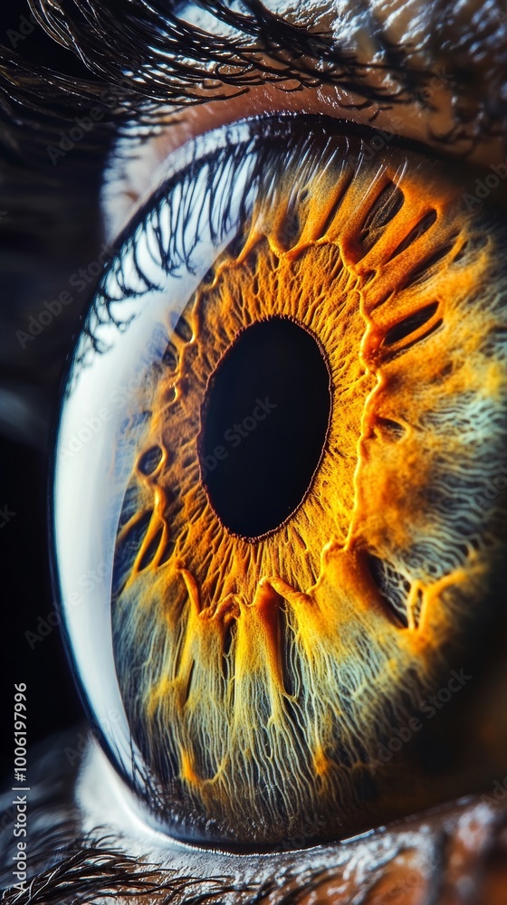 Macro shot of a human eye with vibrant amber iris, detailed texture ...