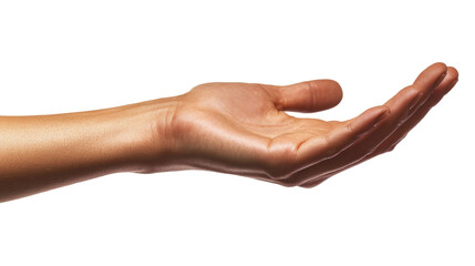 A person extending their hand with an open palm against a plain background during daylight