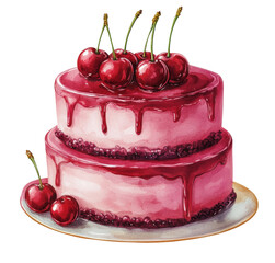 Wall Mural - Delicious two-tier cake topped with cherries and adorned with pink ribbons on a white platter