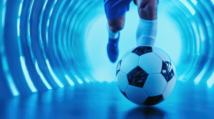 A soccer player kicking a ball in a futuristic tunnel with blue lighting.