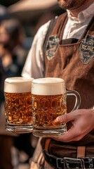 Traditional Bavarian server holding two frothy mugs of golden beer at Oktoberfest, showcasing authentic German culture and festive atmosphere.