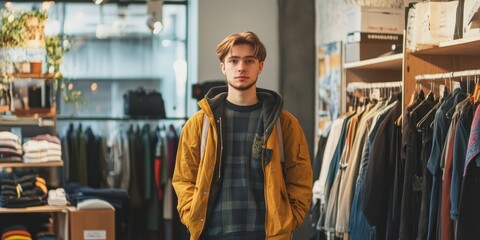 A young man in a stylish yellow jacket stands confidently among clothing racks in a modern store, showcasing trendy fashion choices.