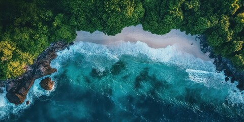Wall Mural - aerial view of a serene beach with turquoise waters, soft waves, and lush green foliage along the sh