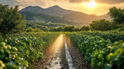 Canvas Print - Sunset Over a Lush Orchard