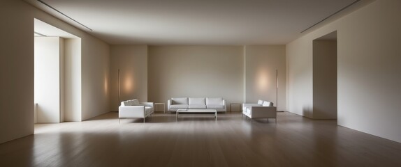 Bright, minimalist living room featuring white furniture and wooden floors, creating a serene atmosphere for relaxation and comfort