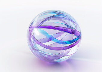 Fototapete - Abstract futuristic glass sphere with lines and ribbons on white background, 3d rendering illustration, white blue purple pastel color theme, isolated щт white background