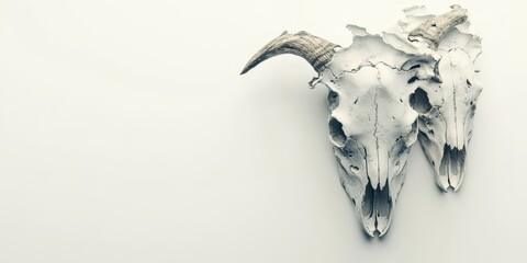 Artistic depiction of two goat skulls mounted on a clean background, showcasing unique textures and shapes.