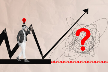 Aufkleber - Trend sketch image collage of business market money stats arrow growth young guy businessman idea lamp walk stats question what future