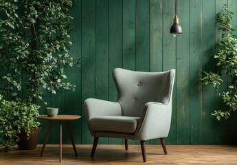 Wall Mural - Modern interior design, green wall background with an armchair and a small side table nearby