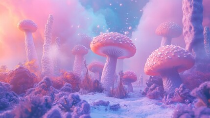 Sticker - A colorful, whimsical scene of mushrooms and other plants in a snowy field