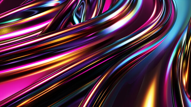 Abstract iridescent holographic metal curved lines on black background. Modern 3d rendering illustration of futuristic abstract design with colorful shiny glossy tubes