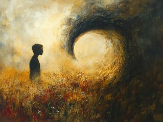 Canvas Print - Silhouette of a Man Facing a Dark Wave: A Surreal Painting of Choice and the Unknown