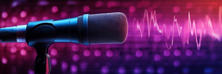 Professional studio microphone on stand with vibrant pink and purple sound wave background, capturing the essence of music and audio recording.