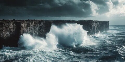 Wall Mural - dramatic seascape featuring powerful waves crashing against rugged cliffs under a moody sky, capturi