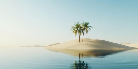 Wall Mural - serene tropical landscape featuring palm trees on a sandy island surrounded by calm water under a cl