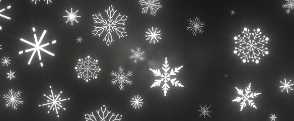 Snowflakes and bokeh lights on the blue Merry Christmas background. 3D render